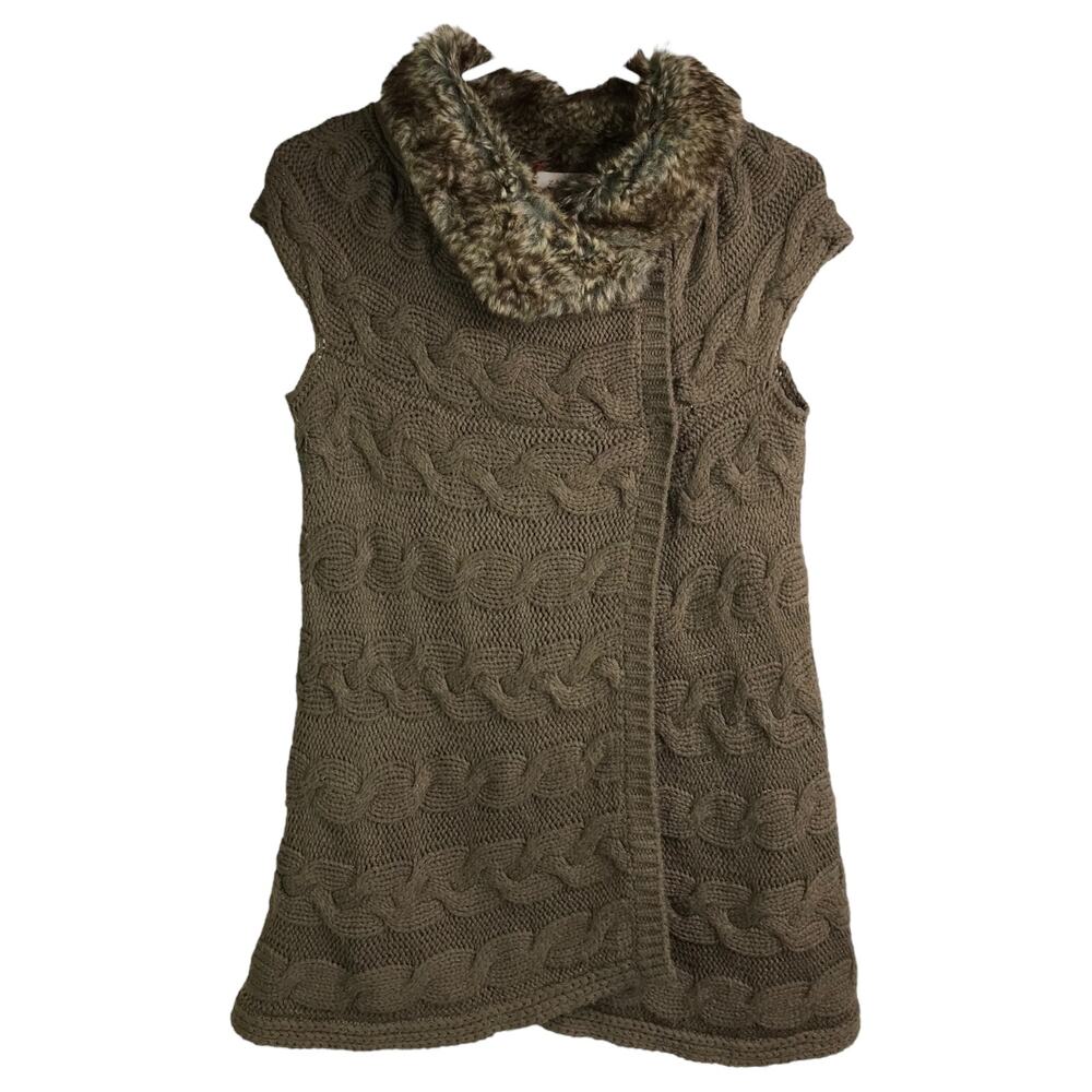 Zara Sweater‎ Vest Womens M Brown Taupe Cable Knit Faux Fur Collar Snap Closure